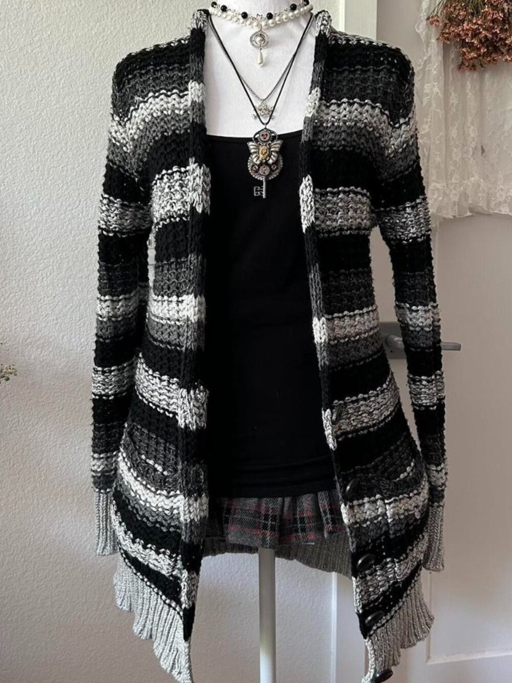 Y2K Moda International Black and Gray Striped Long Sleeve Knit Cardigan